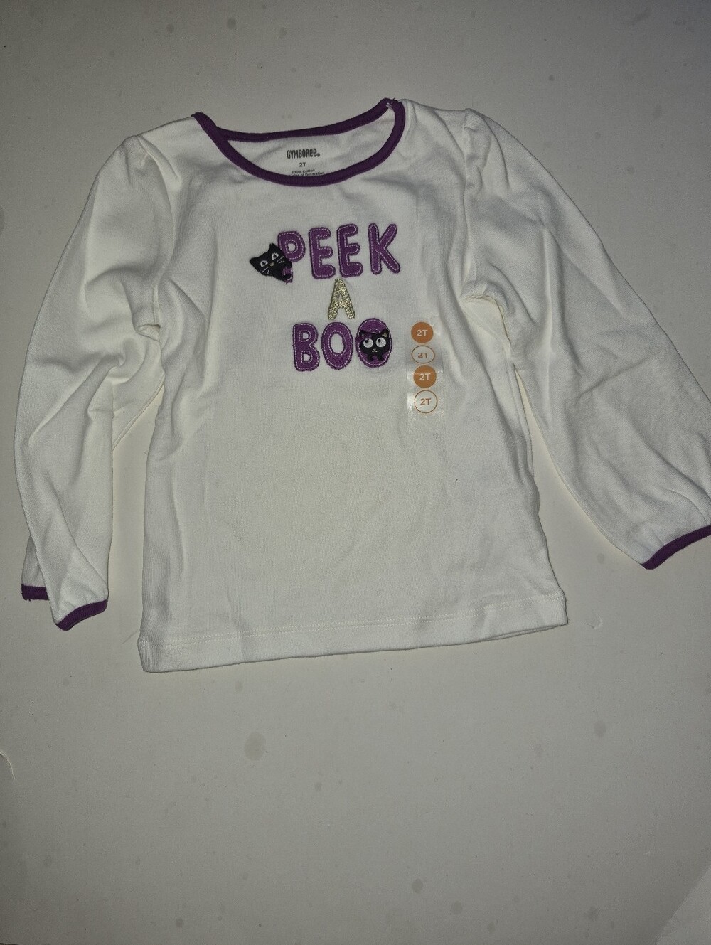Gymboree White Long-Sleeve 'Peek A Boo' Tee with Purple Embroisery SizeT NWT